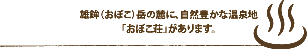 雄鉾(おぼこ)岳の麓に、自然豊かな温泉地「おぼこ荘」があります。